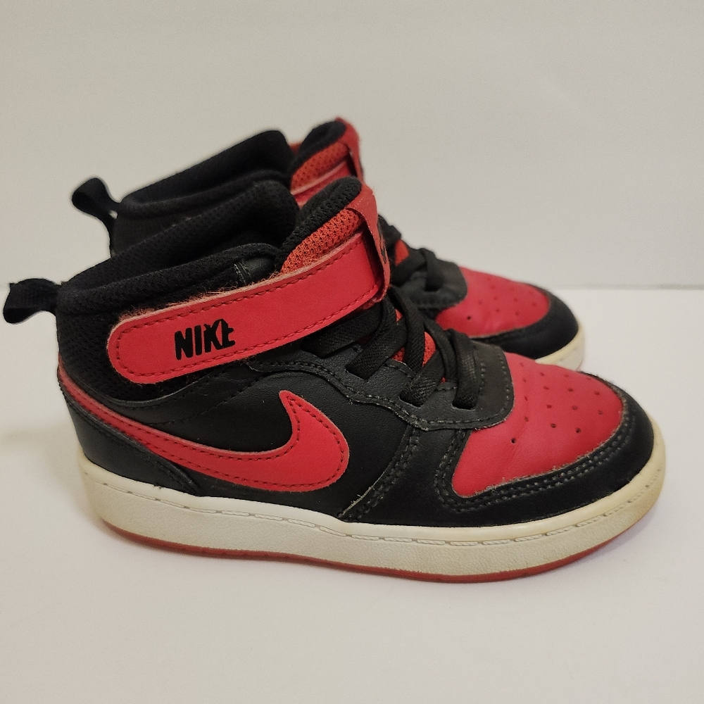 Nike Court Borough Bred Red Black Hi Top Elastic & Strap CD7784-003 Kids Size 9C